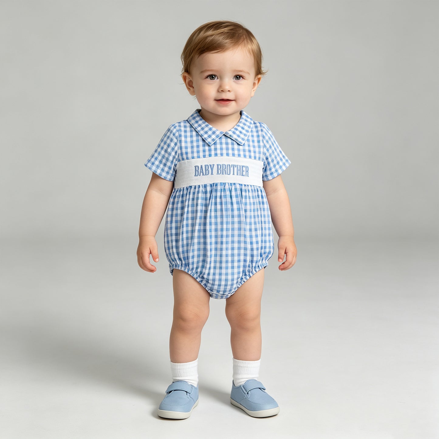 SR4231 RTS NO MOQ （In stock）milk silk Smocked Baby Blue Check Short Sleeve Casual Rompers