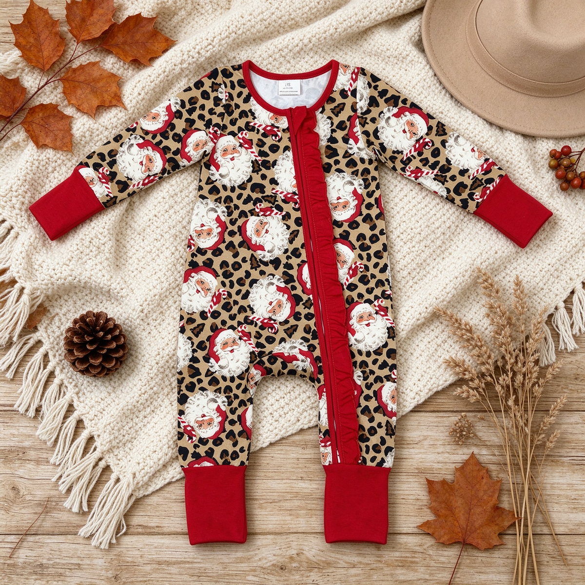 RTS NO MOQ （In stock）milk silk LR3302 Baby Girls Leopard Santa Print Christmas Long Sleeve Two Way Zip Ruffle Convertible Rompers