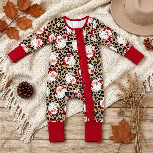 RTS NO MOQ （In stock）milk silk LR3302 Baby Girls Leopard Santa Print Christmas Long Sleeve Two Way Zip Ruffle Convertible Rompers