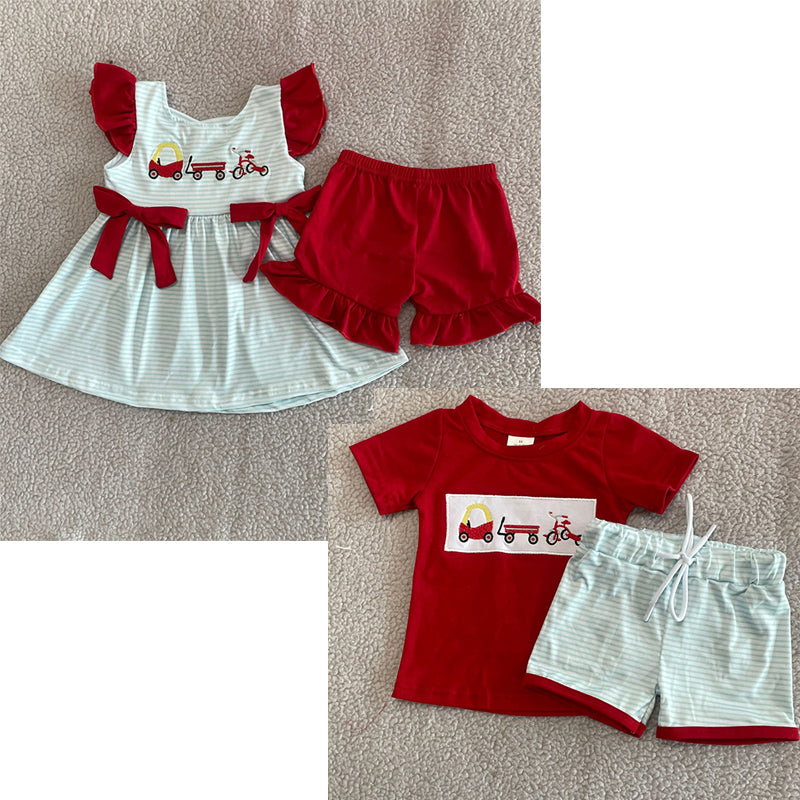 Kids Girls Stripe Cars Tunic Ruffle Shorts Set - Cute And Fashionable Clothing Outfit for Children