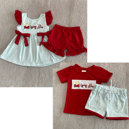Kids Girls Stripe Cars Tunic Ruffle Shorts Set - Cute And Fashionable Clothing Outfit for Children