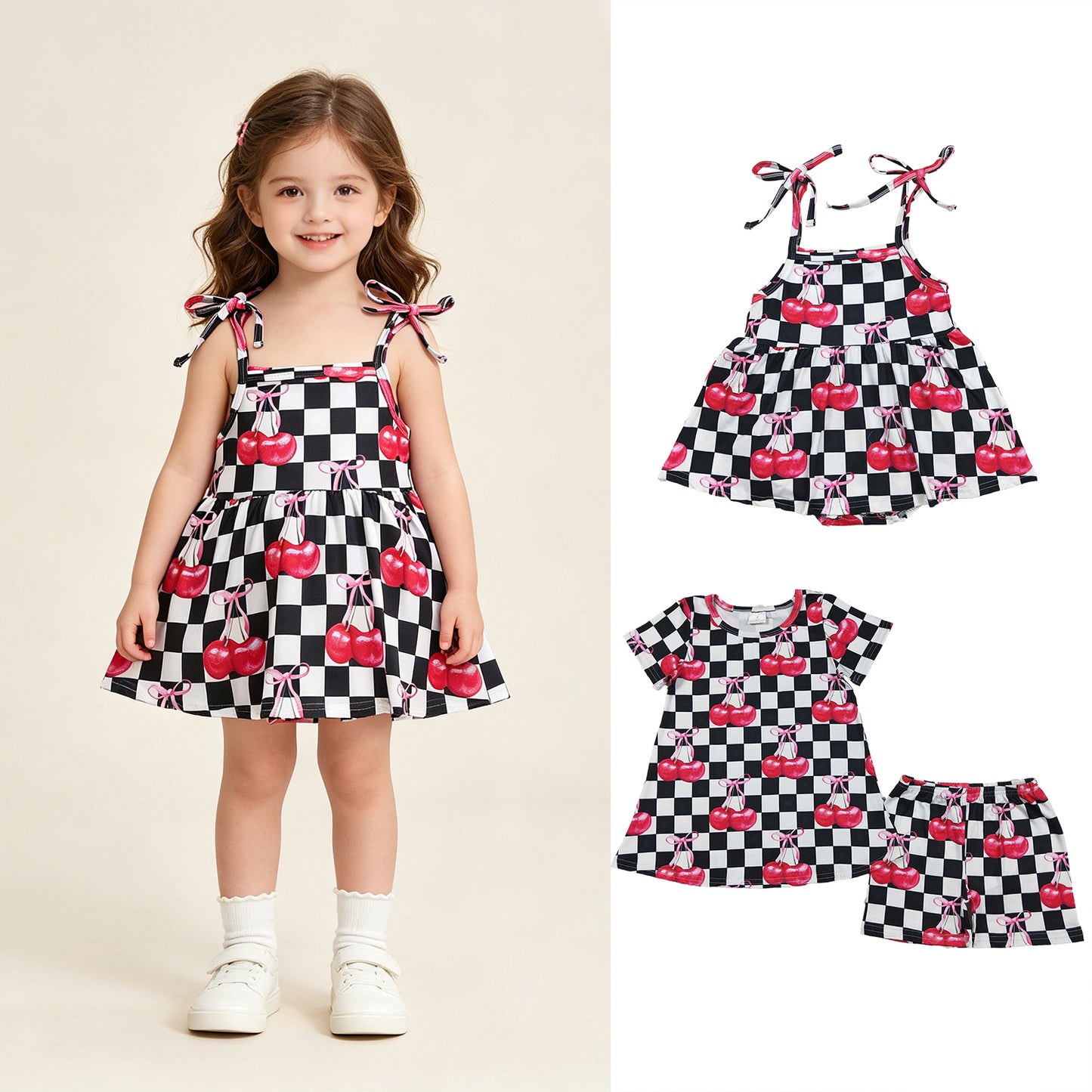 RTS Sibling Short sleeves black plaid cherry top shorts girls outfits and romper