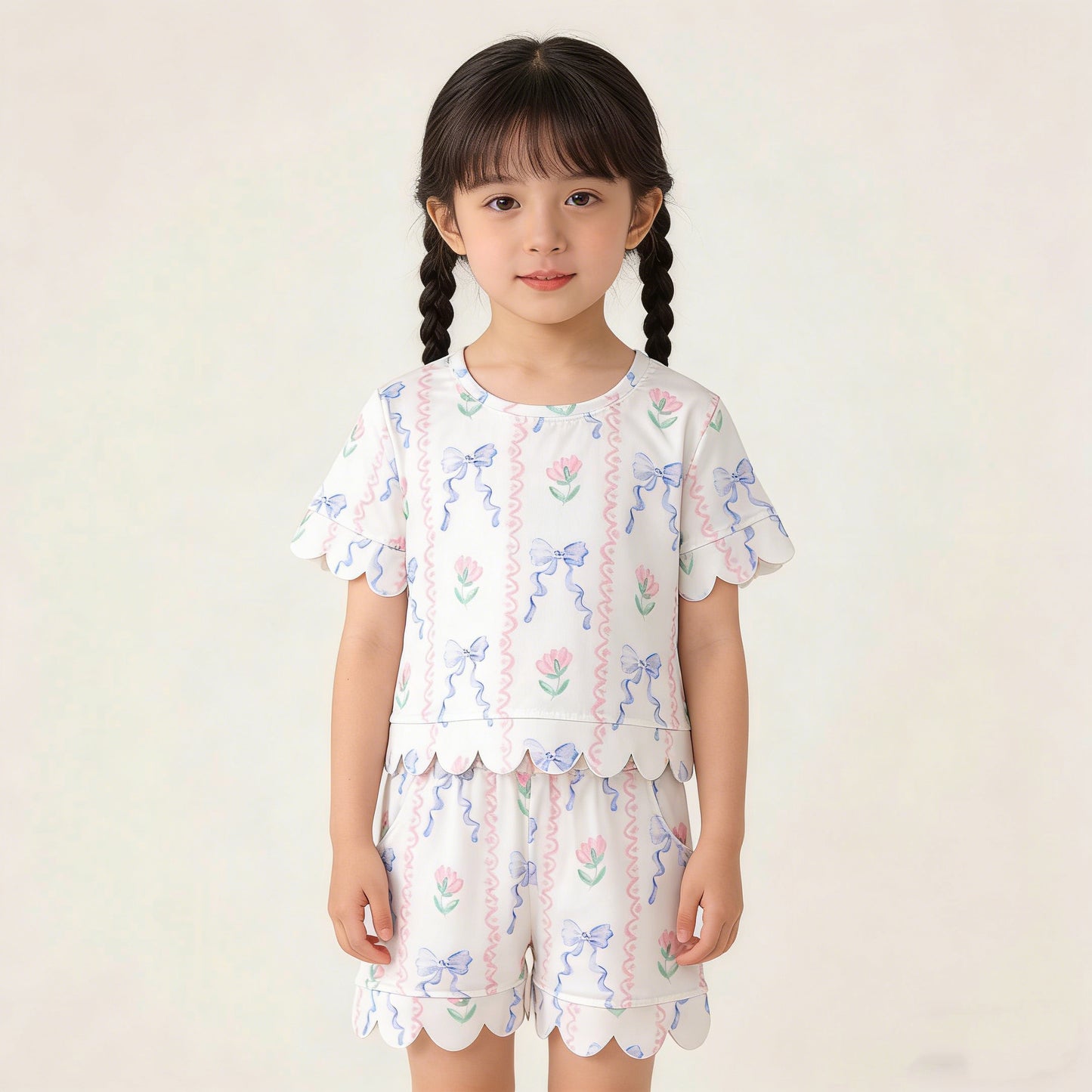 4.2 GSSO3272 RTS NO MOQ （In stock ）Short sleeves floral bow scallop top shorts girls outfits