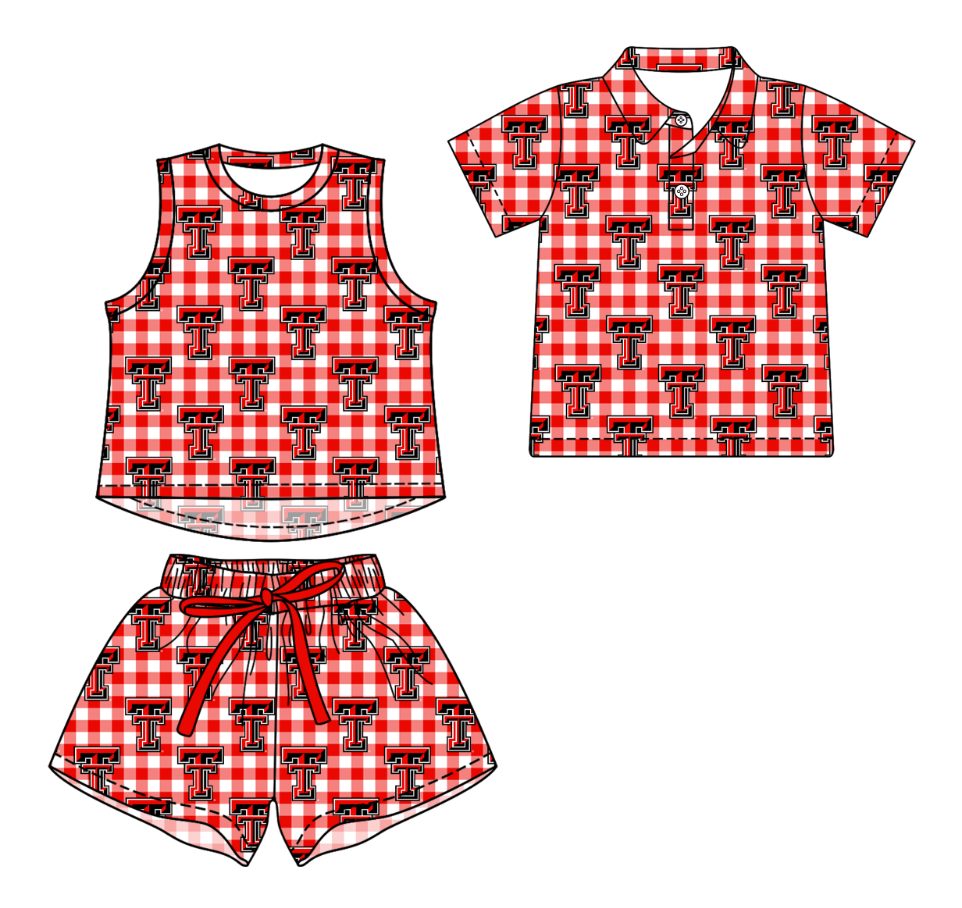 3.14 CUSTOM MOQ 5 Sibling Boys Baby Girls Summer Fashion Red Check T Sleeveless Top Shorts Button Polo Shirts Team Clothes Sets