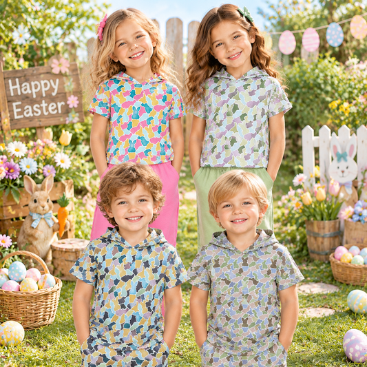 RTS NO MOQ Sibling milk silk Baby Girls And Boys Easter Bunny Camo Print Short Sleeve Hooded T Shirt