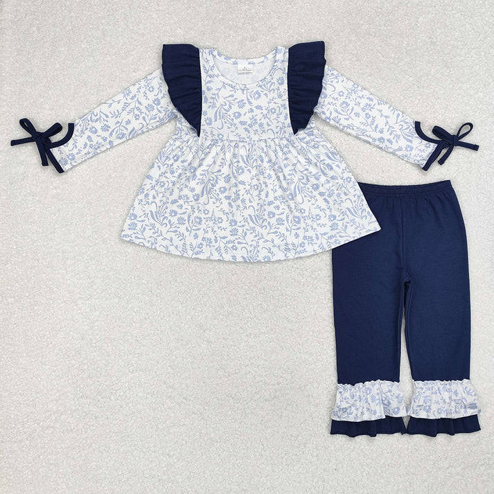 Light blue and purple floral long sleeves with bowknot & dress & romper