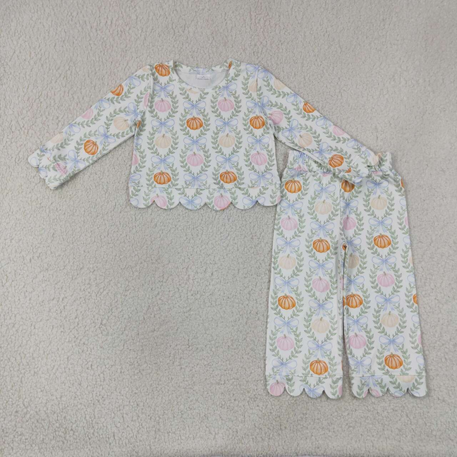 GLP3395 RTS NO MOQ （In stock）Baby Girls Checked Colorful Pumpkin Long Sleeve Top Scallop Edge Flare Pant Fall Holiday Clothes Set