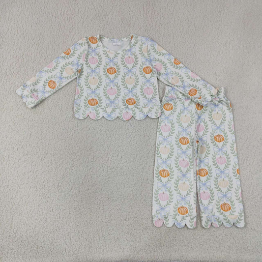 GLP3395 RTS NO MOQ （In stock）Baby Girls Checked Colorful Pumpkin Long Sleeve Top Scallop Edge Flare Pant Fall Holiday Clothes Set