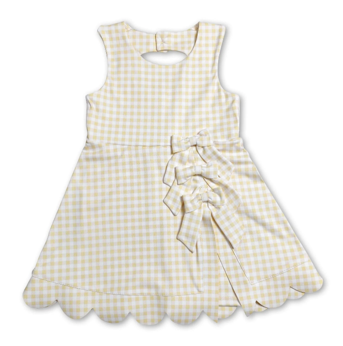 RTS NO MOQ Sibling yoga fabric Baby Girls Bow Scallop Trim Knee Length  Athletic Short Dress