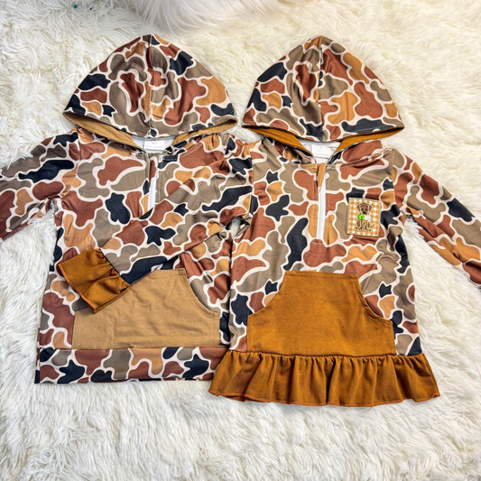 12.10 RST Sibling Baby Kids Brown Camo Embroidery Dog Duck Pocket Zip Hunting Hoodies Top