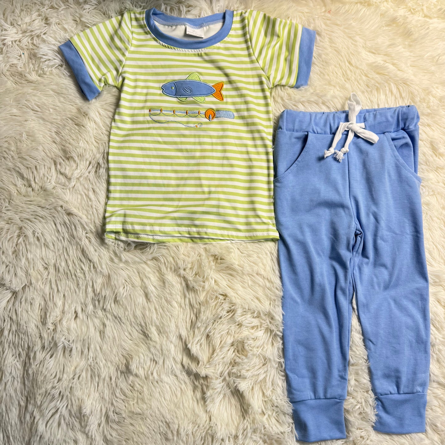 12.15 RTS Sibling Baby Boys Embroidery Fishing Stripe Top Pockets Pant Hunting Clothes Sets Footie Romper