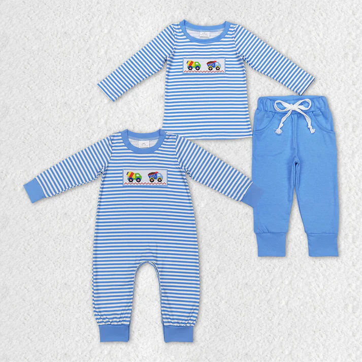 Baby Boys Blue Striped Trousers Romper Set with Embroidered Truck Pattern