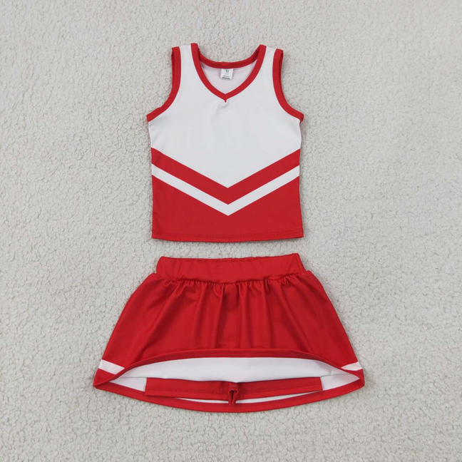 GSD4198 RTS NO MOQ （In stock）Sleeveless white red top skirt girls team cheer active set