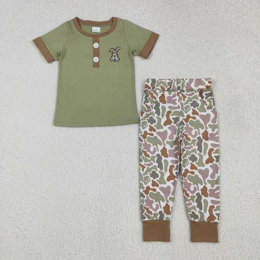 USA Warehouse (IN STOCK) BSPO0603 Baby Boys Embroidery Camo Rabbit Olive Button Camo Pockets Pant Easter Clothes Sets
