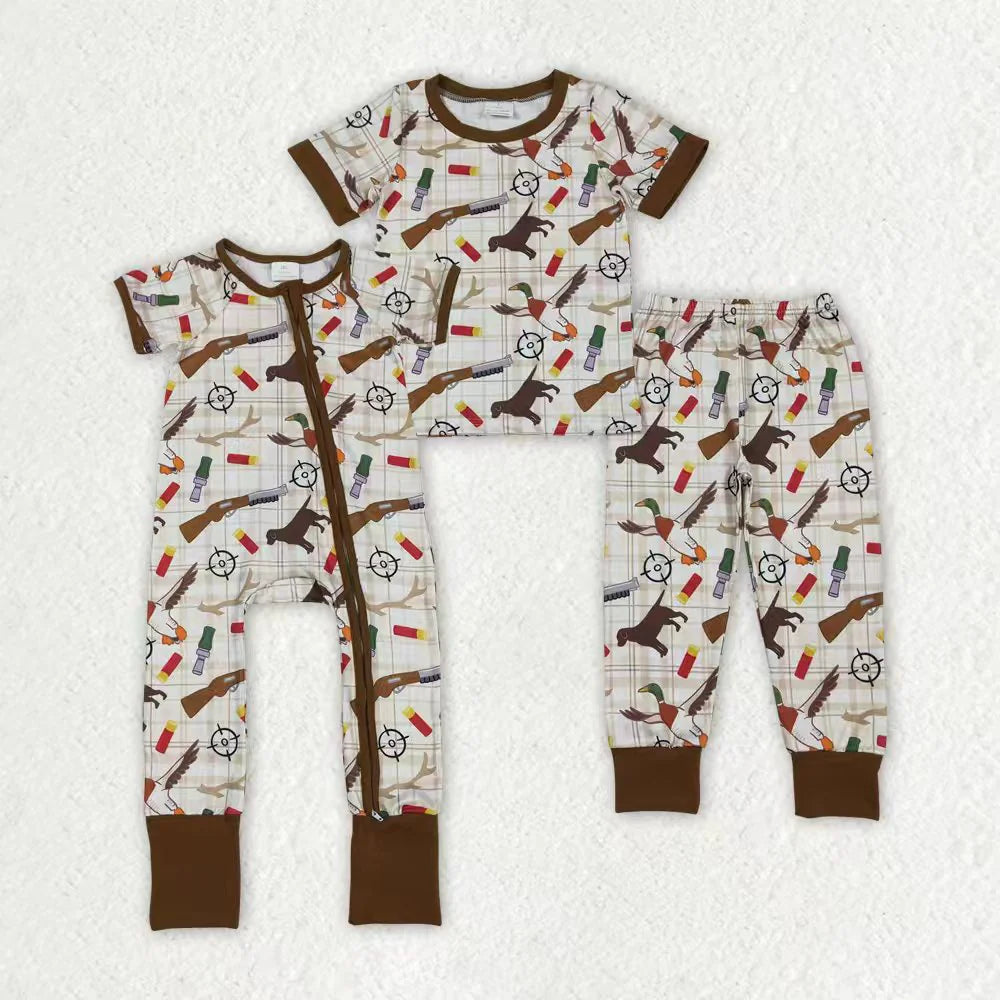12.18 RTS Sibling Baby Boys Dogs Ducks Checked Pants Hunting Pajamas Set Zipper Rompers
