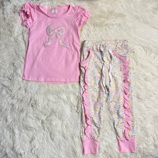 12.26 RST GSPO2060 Embroidery Floral Bows Baby Girls Shirt Pockets Ruffle Leggings Clothes Set