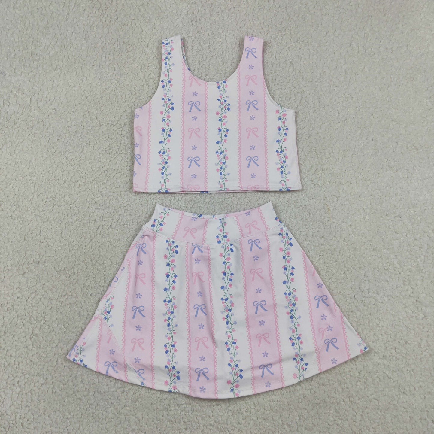 GSD2216 RTS NO MOQ （In stock ） Baby Girls Pink Sleeveless Bows Floral Top Skort Yoga Set