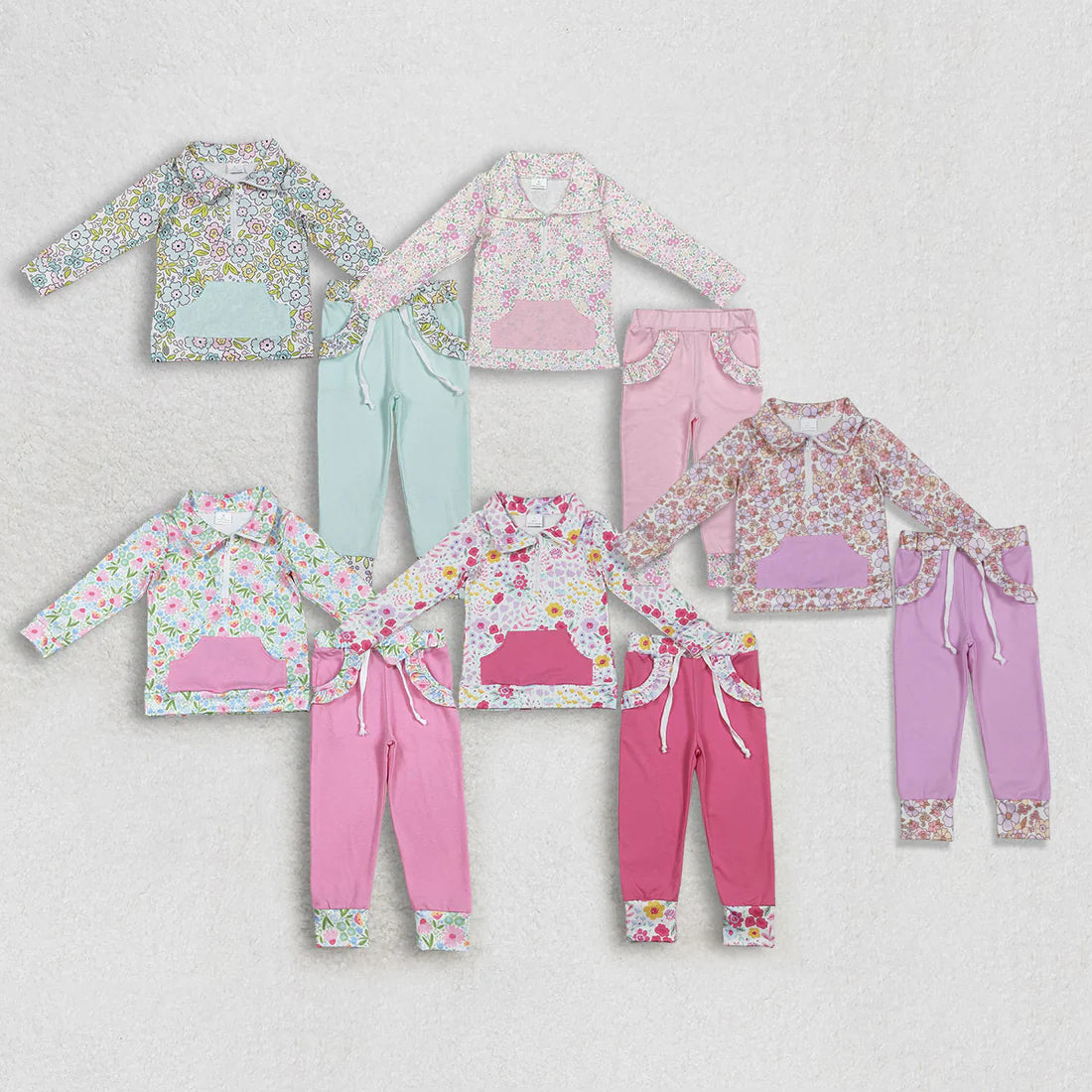 1.10 RTS Sibling Baby Girls Colorful Floral Pocket Zip Pullovers Jogger Pants Clothes Sets