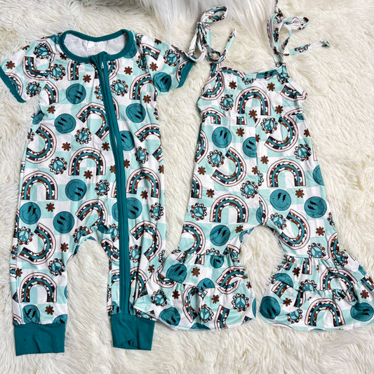 12.18 RTS Sibling Baby Girls Green Rainbow Smile Rompers Jumpsuits