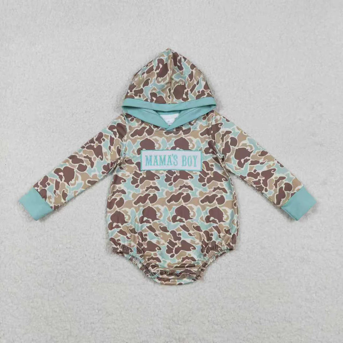 11.25 RTS Sibling Baby Boys Embroidery Mama's Boy Green Camo Pockets Pants Clothes Sets Hoodie Romper