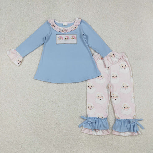 9.20 RTS Sibling Embroidery Santa Baby Boys Girls Blue Shirts Top Pants Christmas Clothes Sets