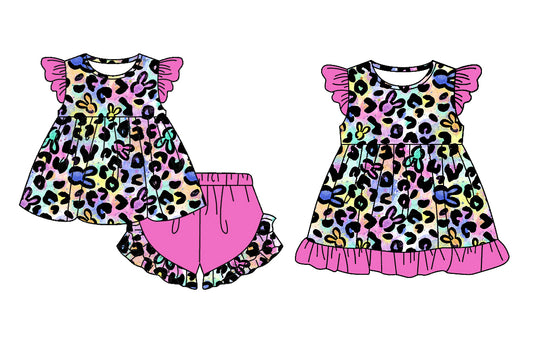 Baby Girls Leopard Easter Bunny Knee Length Dresses and Short sleeve Short pants suits Preorder