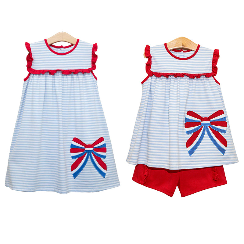 Girls Light Blue Stripe Ruffle Bow Tunic Shorts Set 4th of July Patriotic Clothing Outfit