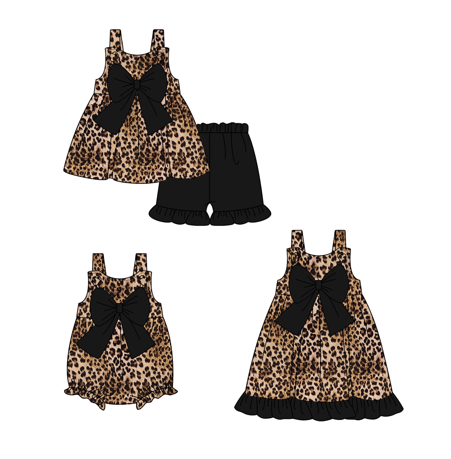 Girls Leopard Straps Black Bow Tunic Short Set Cute Animal Print Outfit for Kids