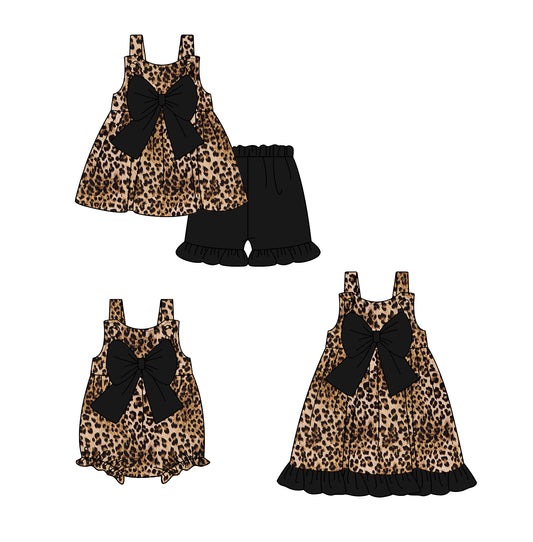 Girls Leopard Straps Black Bow Tunic Short Set Cute Animal Print Outfit for Kids