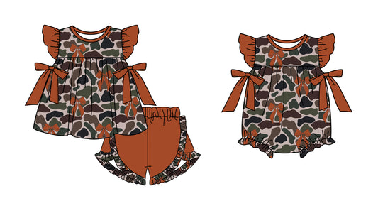 Baby Infant Girls Camo Brown Bows Rompers  and short sleeve short pants suits