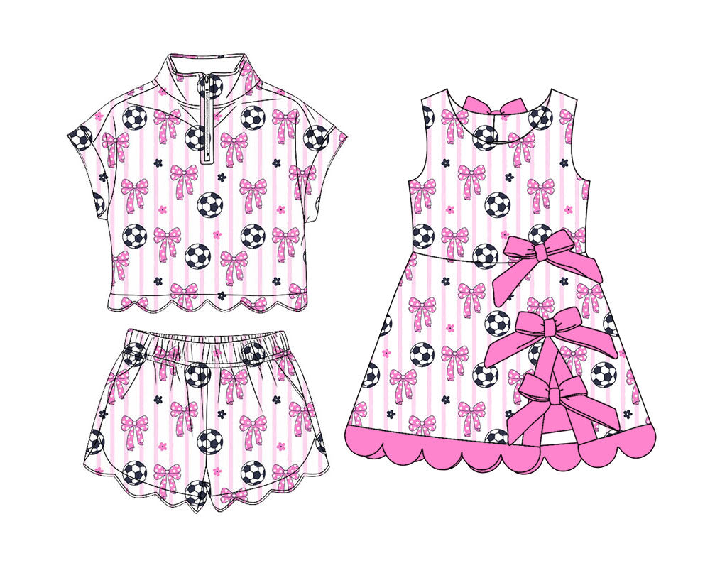 4.11 Pre order No Moq Baby Girls Footballs Bows Team Yoga Active Scallop Short Knee Length Dress and Clothes Set