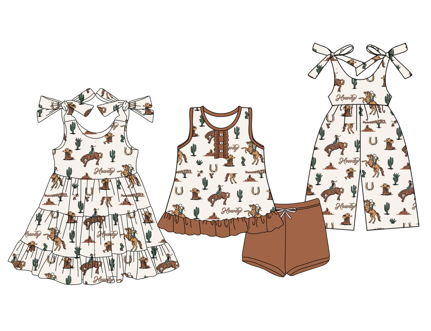 6.06  pre order Girls Sleeveless Cactus Rodeo Horse Western Outfit Set Children's Cowboy Costume for Girls