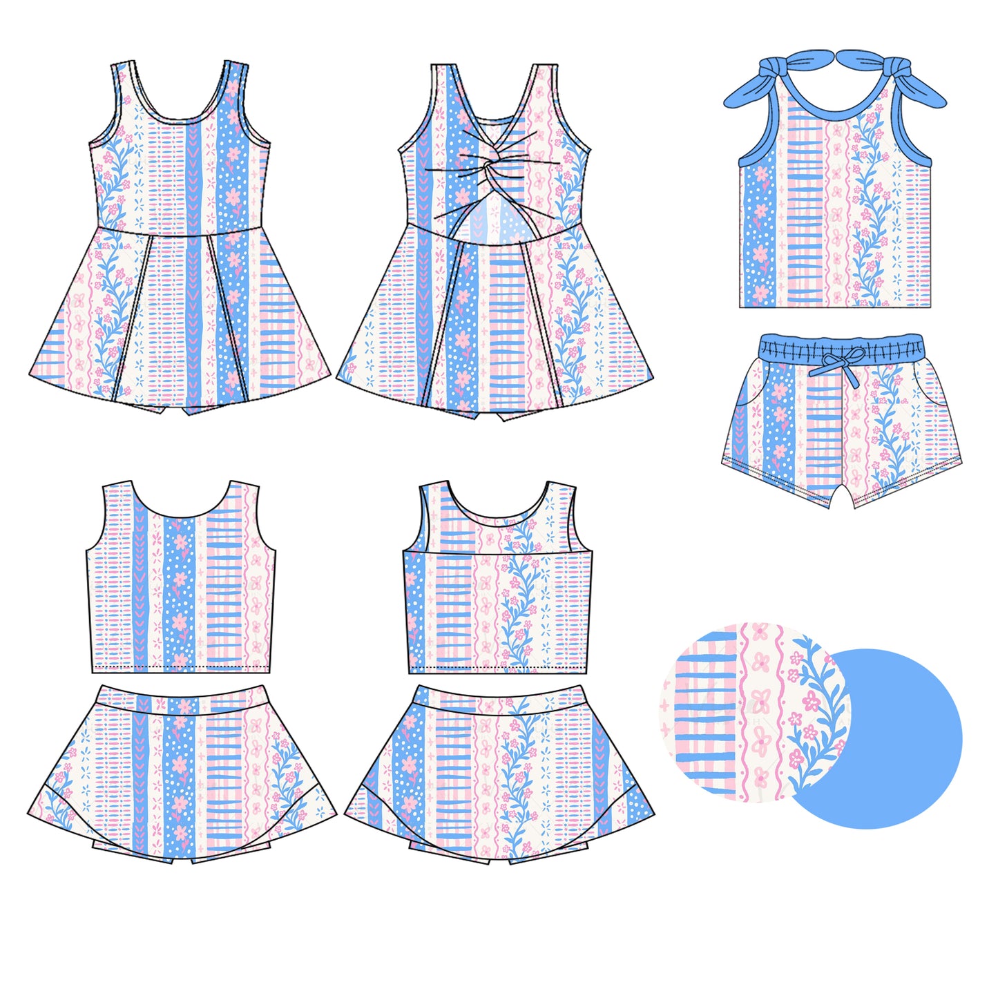 Girls Sleeveless Top Skirt Set Pink Blue Floral Print Activewear Outfit for Kids