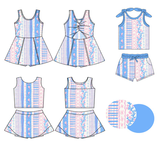 Girls Sleeveless Top Skirt Set Pink Blue Floral Print Activewear Outfit for Kids