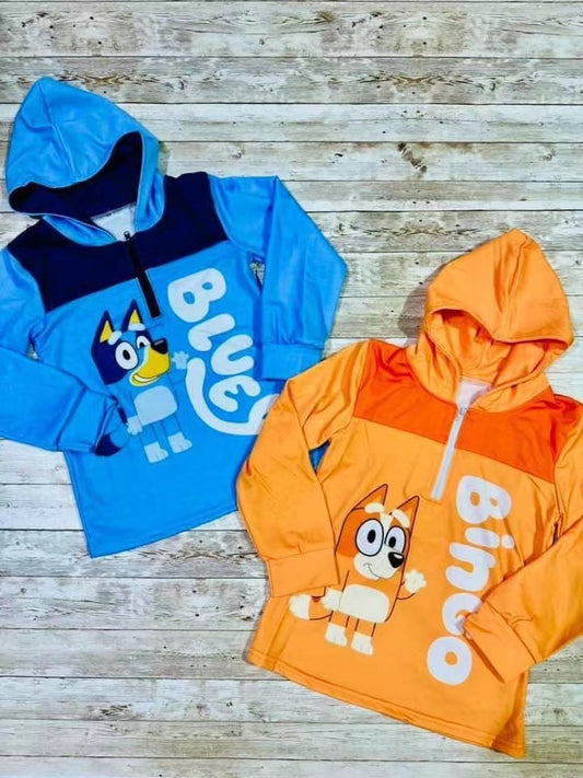 Baby Girls Blue Dog and Orange Dog Hooded Long Sleeve Tops Preorder