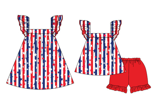 Girls Red/Blue Stripe Stars Tunic Shorts Outfit for 4th of July - Patriotic Summer Apparel