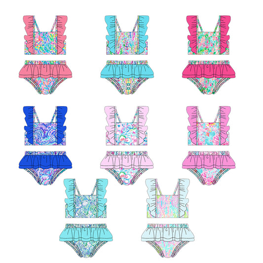 Blue flutter sleeves ruffle watercolor girls summer swimsuit
