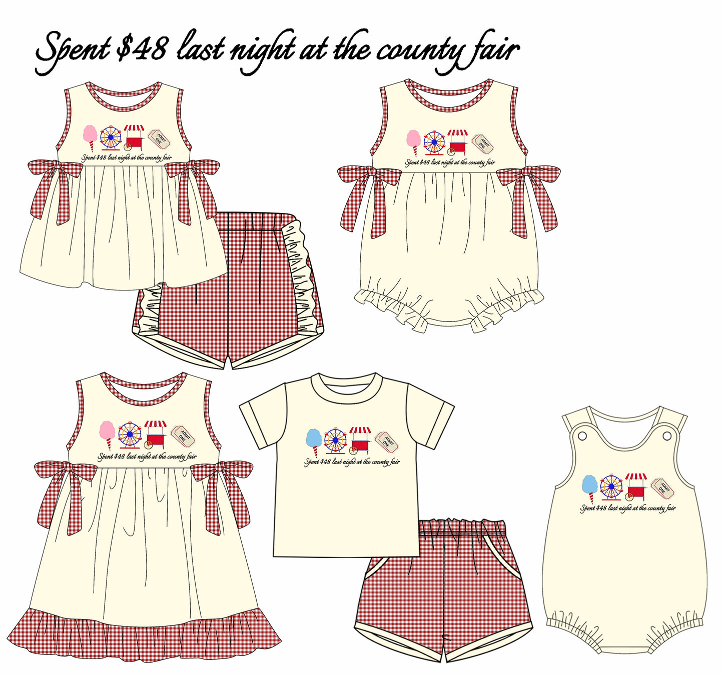 6.13 Pre order Baby Girls Baby Boys Summer Ice Cream Ferris Wheel Cart English Print Short Sleeve Plaid Shorts Suit Dress Climbing Clothes Suit