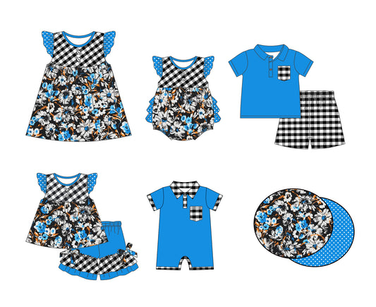 Baby Boys Blue Buttons Top Black Checkered mixed Sets  and Baby Girls Black Checkered Flowers mixed suits Preorder