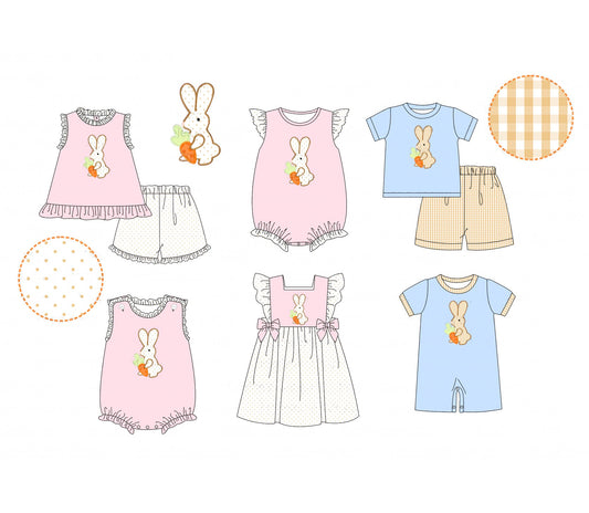Baby Infant Girls and Boys Easter Pink Eggs Rabbits Bows Rompers -Short sleeve suits-dress preorder