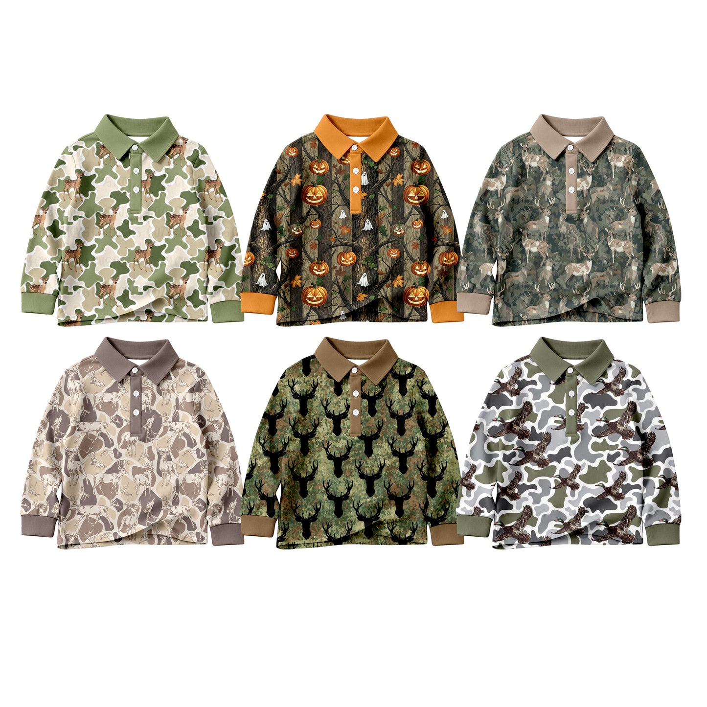 4.24 Pre order No Moq Toddler Camouflage Deer Head Print Long Sleeve Polo Shirt