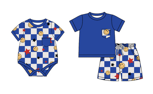 Boys' Blue Plaid Smiley Face Top and Shorts Summer Set