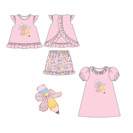 Girls Pink Floral Ruffle Pencil Bow Dress Cute Back to School Dress for Kids