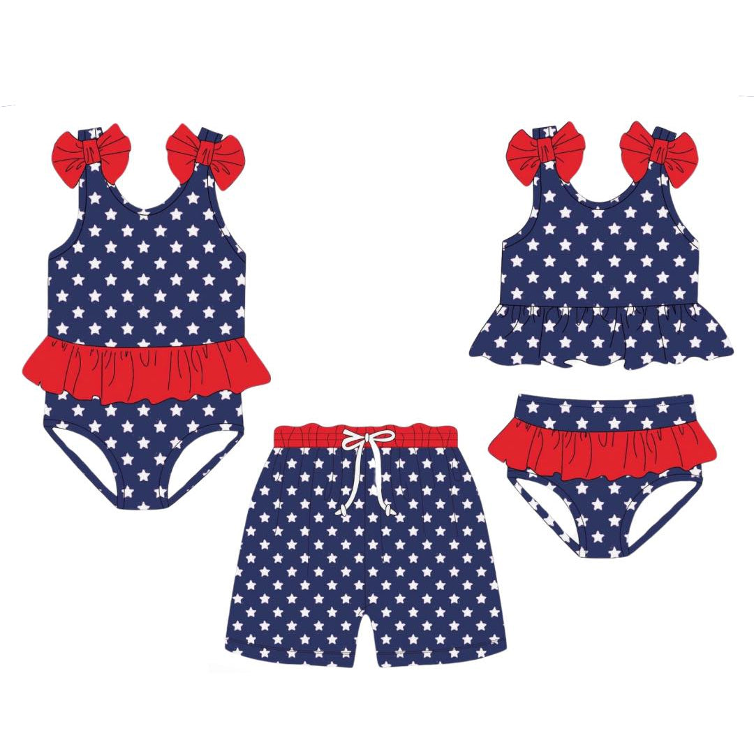 Girls 4th of July Two Pcs Swimsuit Blue Stars Red Ruffle USA Independence Day Theme Swimwear for Kids
