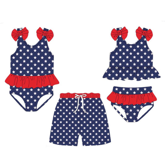 Girls 4th of July Two Pcs Swimsuit Blue Stars Red Ruffle USA Independence Day Theme Swimwear for Kids