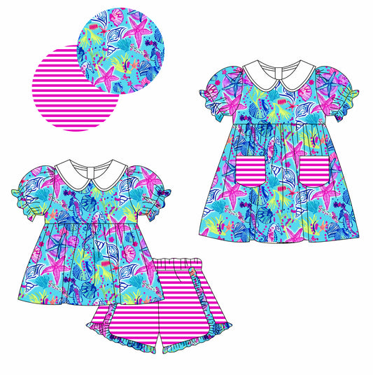 Baby Girls Starfish Short Sleeve Pocket Knee Length Dress and Short Sleeve Shorts Set Pre-Order