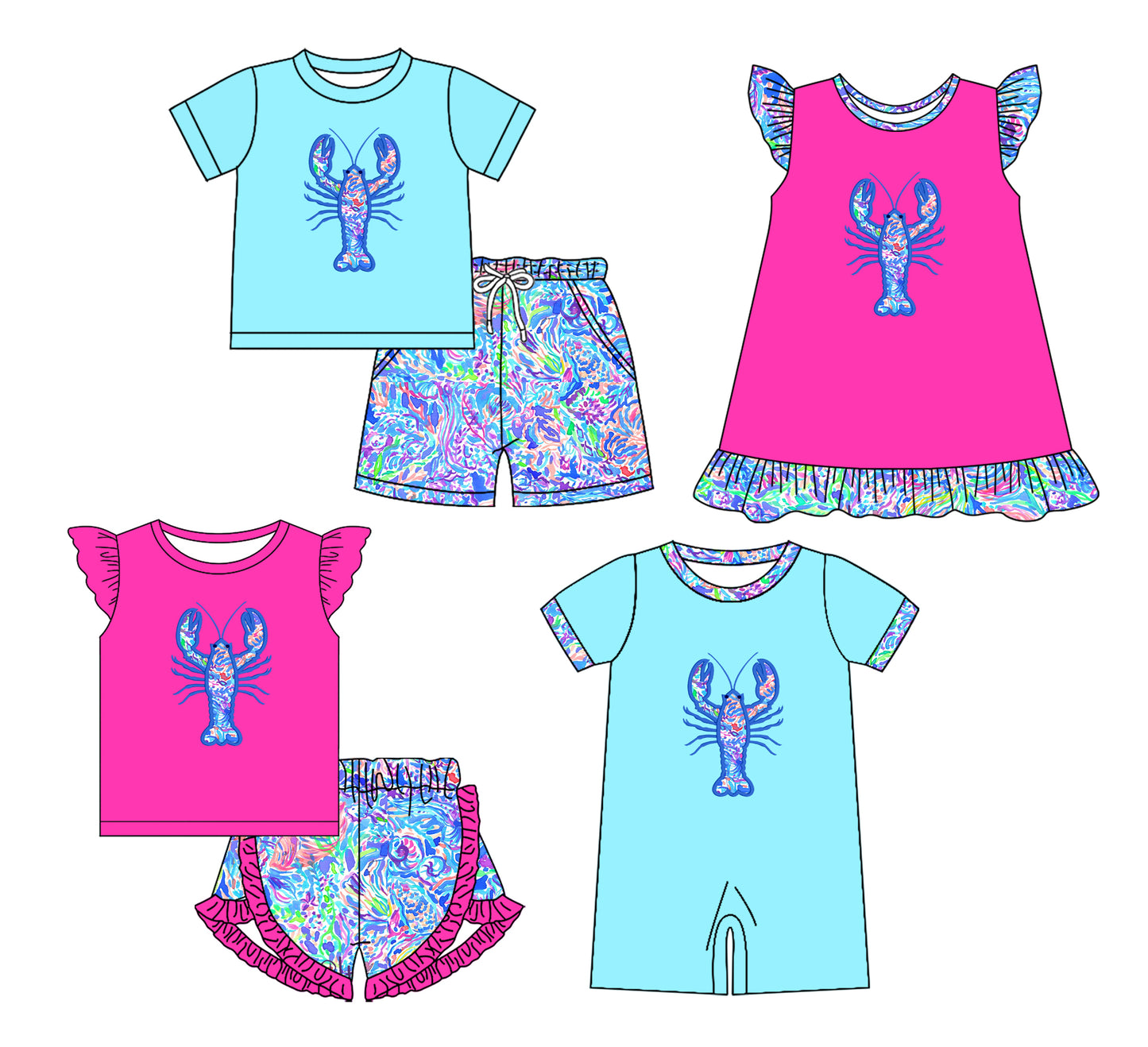 8.26  Pre order Baby Girls Baby Boys Blue Short Sleeves Floral Crayfish Top Pockets Short Set