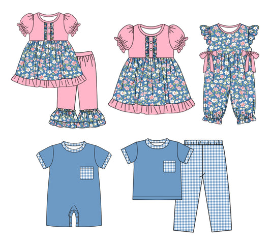 Babies Baby Boy Blue Pocket Short Sleeve Mixed Set & Baby Girl Navy Pink Floral Tunic Ruffle Pants Outfit Mixed Set Pre-Order