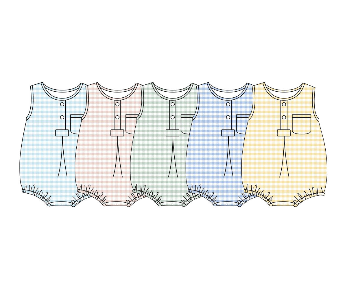 4.24 Pre Order No moq Baby Kids Sleeveless Light Blue Checked Button Pocket Rompers