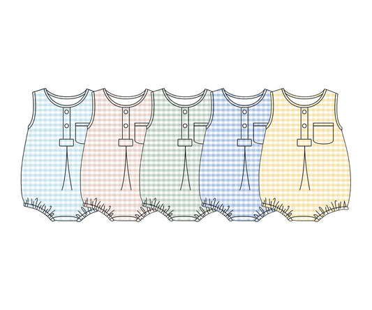 4.24 Pre Order No moq Baby Kids Sleeveless Light Blue Checked Button Pocket Rompers